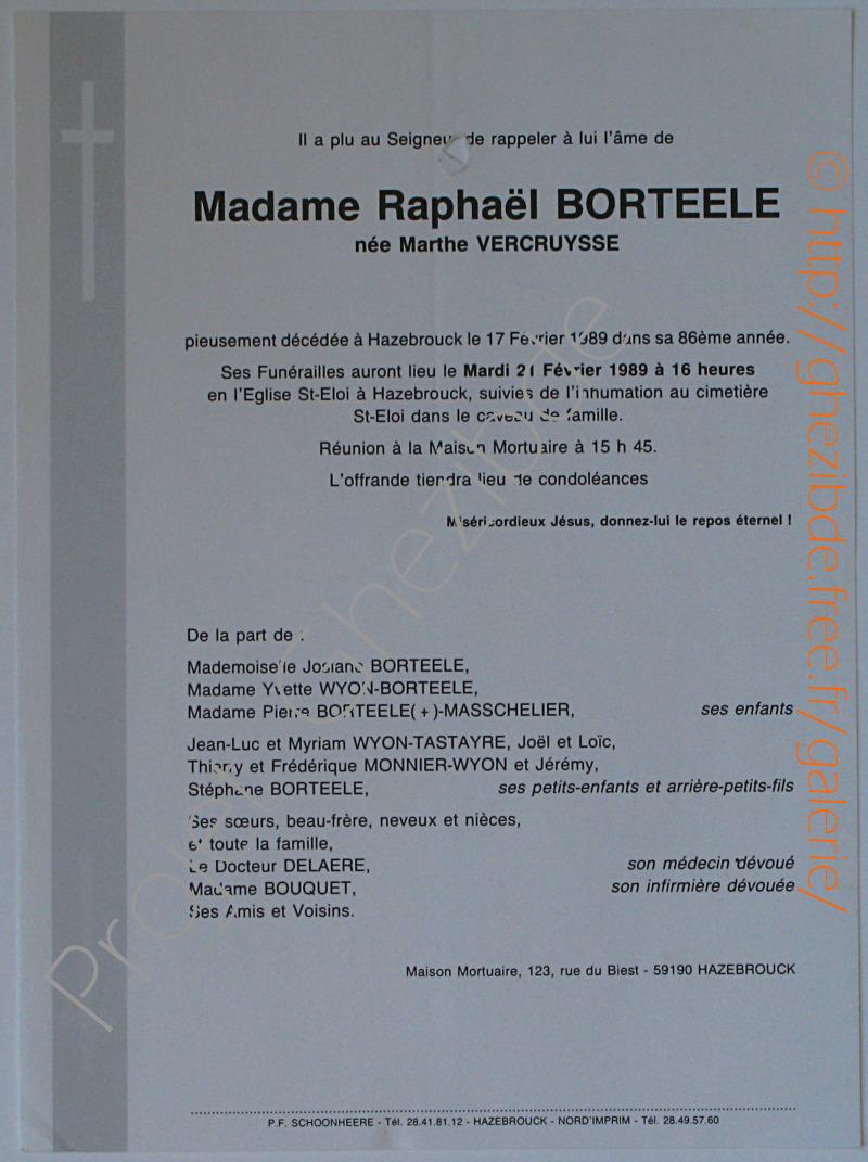 Marthe VERCRUYSSE veuve de Raphaël BORTEELE décédée à Hazebrouck, le 17 Février 1989 (85 ans).